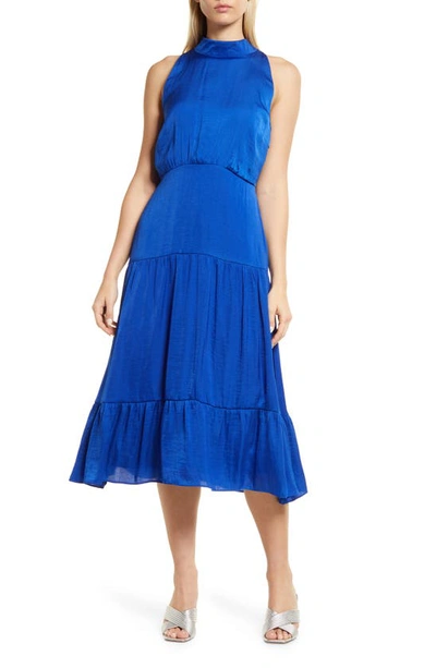 Shop Sam Edelman High Neck Tiered Hem Sleeveless Midi Dress In Blueberry