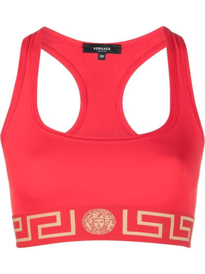 Shop Versace Greca-print Cropped Top In Red