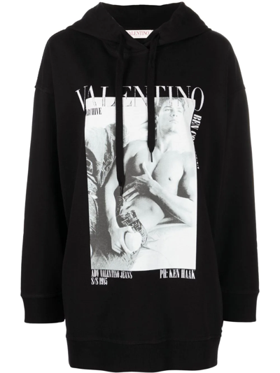 Shop Valentino Photograph-print Drawstring Hoodie In Black
