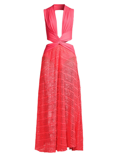 Shop Patbo Women's Plunge Crochet Beach Dress In Neon Coral