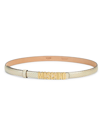 Shop Moschino Women's Snake-printed Leather Logo Belt In Shiny Gold