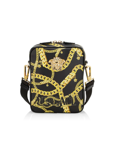 Shop Versace La Medusa Chain Print Crossbody Bag In Black Gold