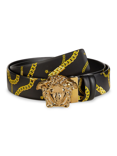 Shop Versace Men's La Medusa Chain Print Leather Belt In Black Gold