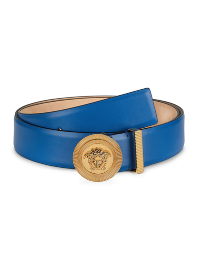 Shop Versace Men's Medusa Biggie Leather Belt In Sapphire  Gold