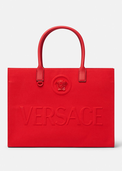 Shop Versace La Medusa Canvas Tote Bag In Red