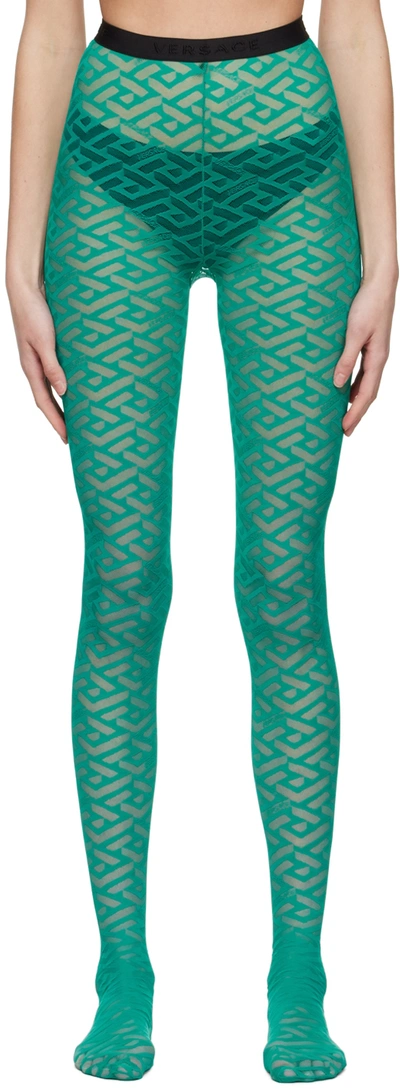 Shop Versace Blue Tulle Monogram Tights In 1v560 Turquoise