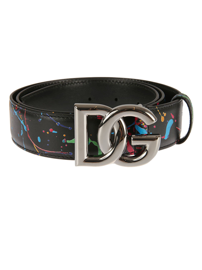 Shop Dolce & Gabbana Paint Splash Logo Buckle Belt In Black