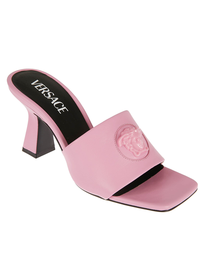Shop Versace Medusa Head Block Heel Sandals In Baby Pink