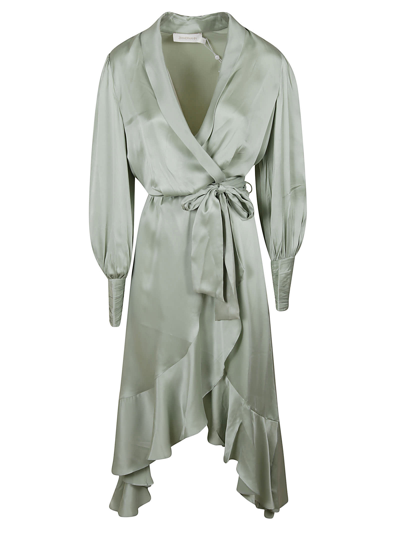 Shop Zimmermann Silk Wrap Midi Dress In Sage