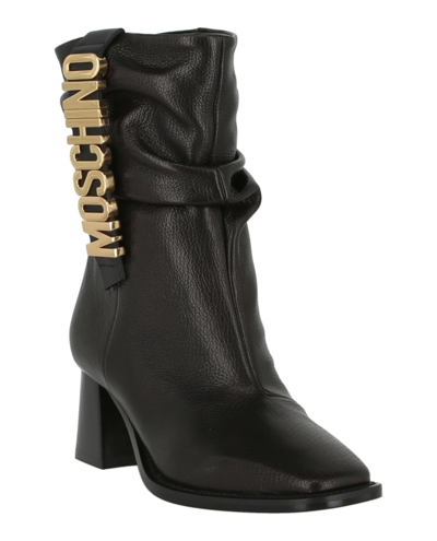 Shop Moschino Logo Leather Ankle Boots In Black