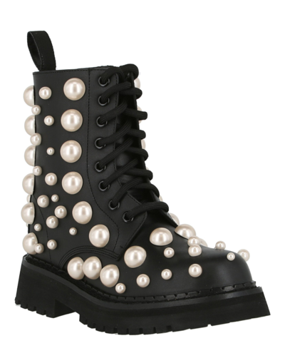 Shop Moschino Pearl Leather Combat Boots In Black