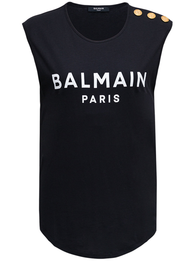 Shop Balmain Top Con Logo Floccato A Contrasto E  Bottoni Dorati In Black