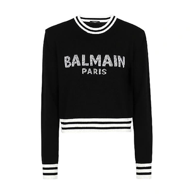 Shop Balmain Cropped Wool Sweatshirt With  Logo In Noir Blanc