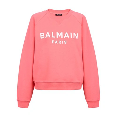 Shop Balmain Cotton Sweatshirt With Logo Print In Rose Saumon Blanc
