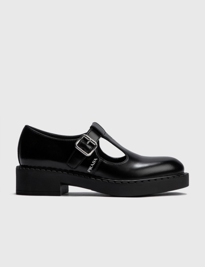 Shop Prada Brushed Leather Mary Jane T-strap Shoes In Black
