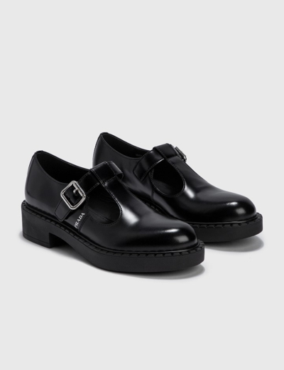 Shop Prada Brushed Leather Mary Jane T-strap Shoes In Black