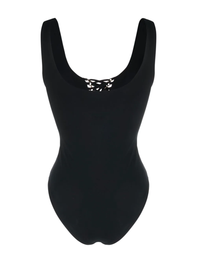 Shop Saint Laurent Saharienne Lace-up Swimsuit In Schwarz