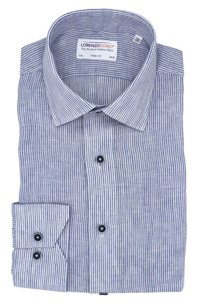 Shop Lorenzo Uomo Striped Linen Trim Fit Dress Shirt In White/ Blue