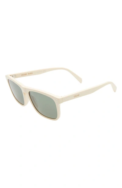 Celine 57mm Rectangular Sunglasses In Shiny Ivory/ Green