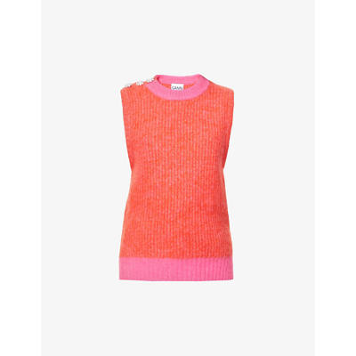 Shop Ganni Contrasting-trimmed Regular-fit Wool-blend Vest In Shocking Pink