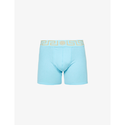 Shop Versace Iconic Slim-fit Branded Stretch-cotton Trunks In Light Blue+gold