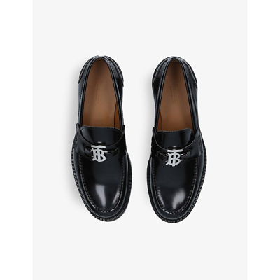 Shop Burberry Men's Black Fred Tb-plaque Leather Loafers