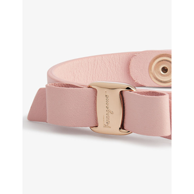 Shop Ferragamo Vara Bow Leather And Brass Bracelet In Pink