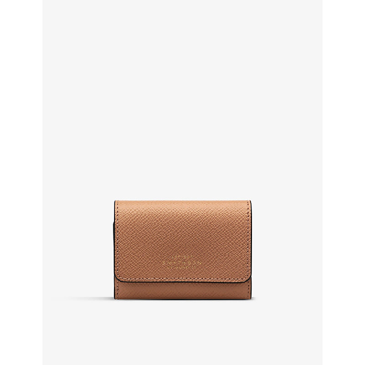 Shop Smythson Panama Logo-embossed Leather Compact Purse In Light Rosewood Brown