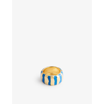 Shop Anna + Nina Striped 14ct Yellow Gold-plated Brass And Enamel Ring In Blue