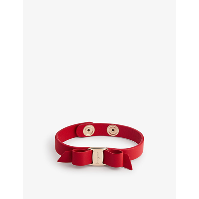 Shop Ferragamo Vara Bow Leather And Brass Bracelet In Red