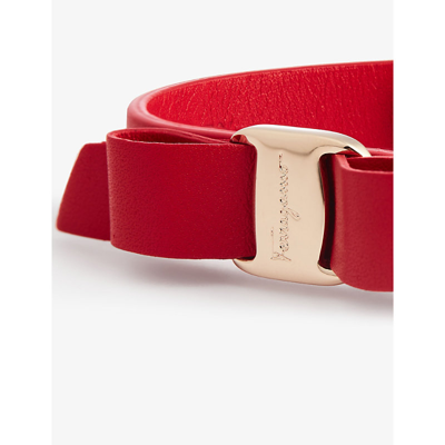 Shop Ferragamo Vara Bow Leather And Brass Bracelet In Red