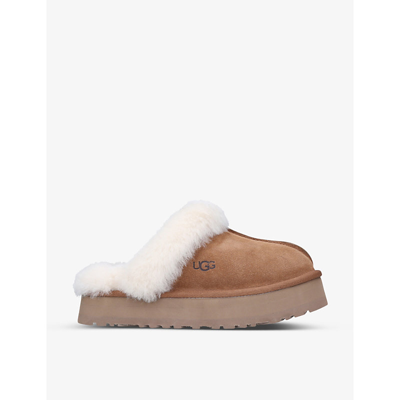 Shop Ugg Womens Tan Disquette Shearling-lined Suede Slippers