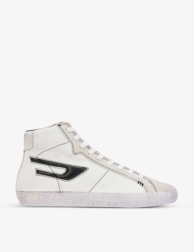 Shop Diesel Mens White/black S-leroji Leather High-top Trainers In Multi-coloured