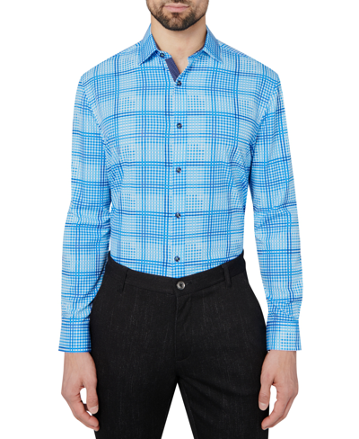 Society Of Threads Men's Slim Fit Non-iron Check-print Performance Stretch Dress Shirt In Blue