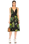 PROENZA SCHOULER PRINTED SATIN V NECK LONG DRESS WITH SLITS IN BLACK, FLORAL, GREEN.,R161312 BYP55