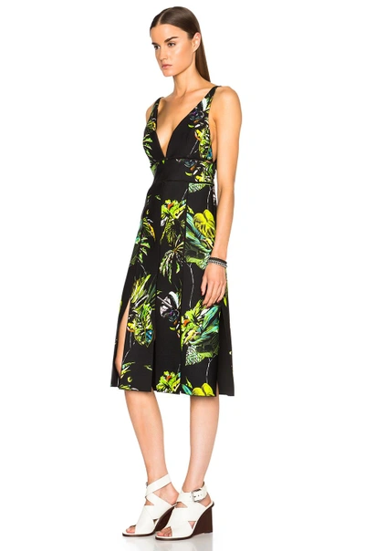 Shop Proenza Schouler Printed Satin V Neck Long Dress With Slits In Black, Floral, Green. In Black Green & Chartreuse Floral Print