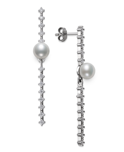Shop Belle De Mer Cultured Freshwater Button Pearl (6mm) & Cubic Zirconia Linear Drop Earrings In Sterling Silver, Cre