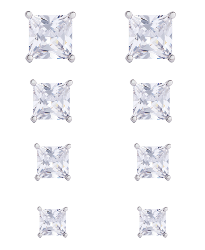 Macy's Women's Fine Silver Plated Square Cubic Zirconia Stud Earrings Set, 8 Pieces In Silver Plated