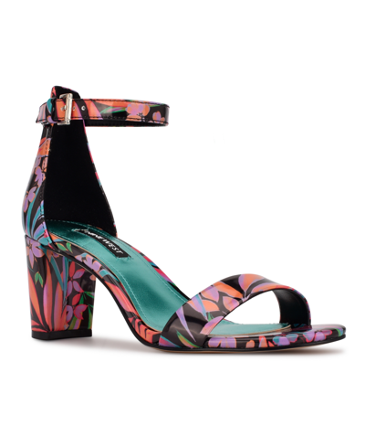 Shop Nine West Women's Pruce Ankle Strap Block Heel Sandals Women's Shoes In Black Tropical Floral Print