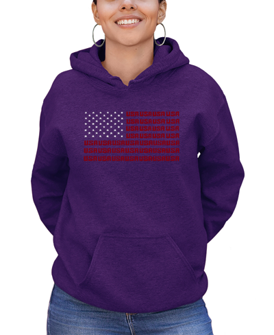 Shop La Pop Art Women's Hooded Word Art Usa Flag Sweatshirt Top In Purple
