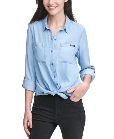 Shop Calvin Klein Jeans Est.1978 Petite Button-up Shirt In Chambray Blue