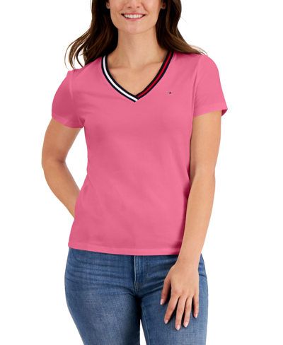 Shop Tommy Hilfiger Women's Striped V-neck Short-sleeve T-shirt In Bubblegum