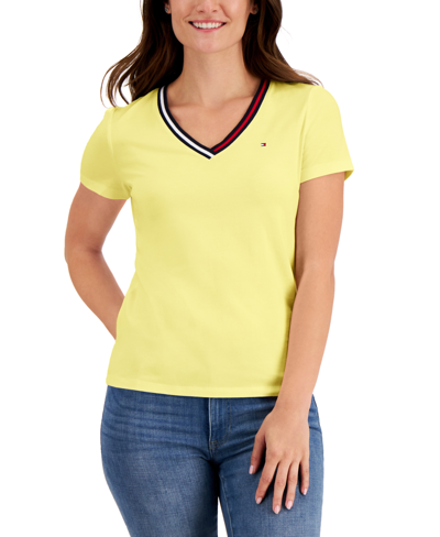 Shop Tommy Hilfiger Women's Striped V-neck Short-sleeve T-shirt In Snapdragon
