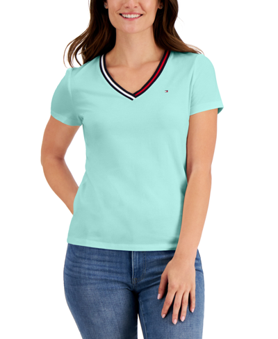 Tommy Hilfiger Women's Striped V-neck Short-sleeve T-shirt In Crme De Menthe