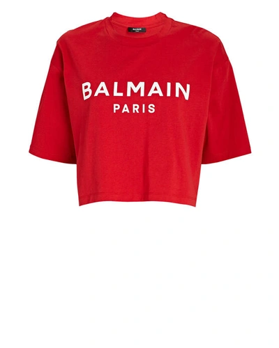 Shop Balmain Cropped Logo T-shirt In Red