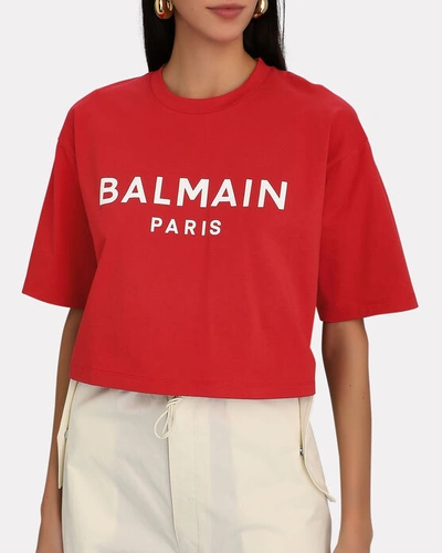 Shop Balmain Cropped Logo T-shirt In Red