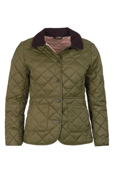 Shop Barbour Deveron Diamond Quilted Jacket In Olive/ Pale Pink