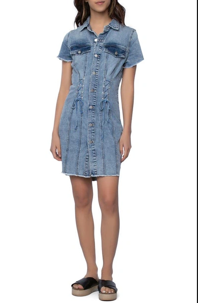 Shop Wash Lab Denim Tie One On Short Sleeve Denim Minidress In Skyline Blue