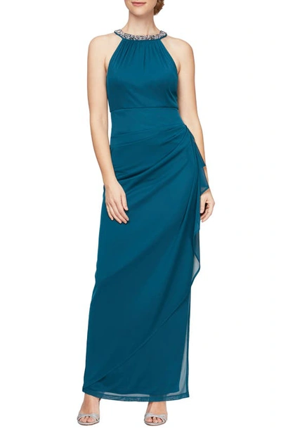 Shop Alex Evenings Embellished Halter Ruched Column Formal Gown In Peacock
