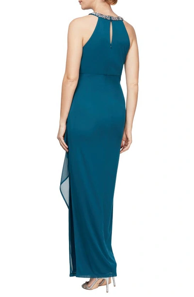 Shop Alex Evenings Embellished Halter Ruched Column Formal Gown In Peacock